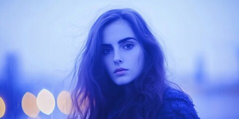 Naklejka premium Portrait of a young woman posing against a blurred blue city backdrop at dusk, capturing a moody and contemplative atmosphere