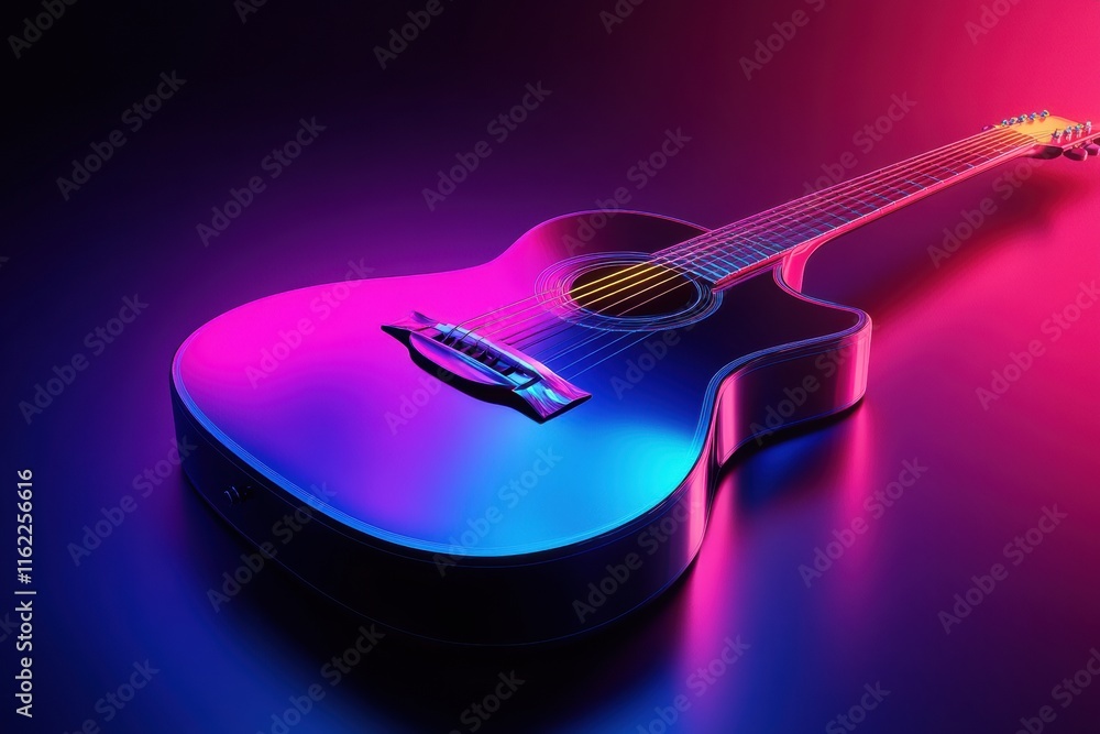 Poster Striking 3D guitar with vibrant neon colors displayed against a dark background. Generative AI
