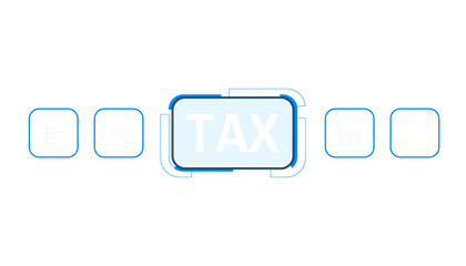 Tax icons with blue outline, central Tax symbol, surrounded by icons for forms, calculator, shopping. Minimalistic on white background. 3D Rendering.