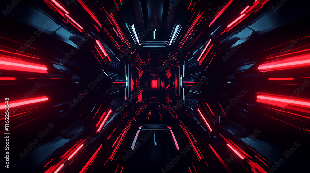 Poster Futuristic Tunnel with Red Neon Lights and Abstract Geometric Patterns. Gamer background