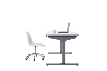 Minimalist desk with laptop and white mug paired with a white office chair on a clean white background. Concept of workspace essentials. 3D Rendering.