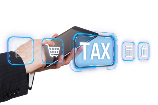 Closeup hand holding smartphone with transparent finance-related icons, white background, clean concept of taxation and e-commerce