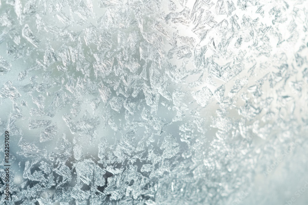 Poster close-up of frosted window with intricate ice crystals creating a beautiful abstract pattern.