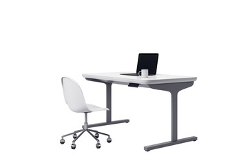 Minimalist desk with laptop and mug, sleek white chair with wheels, modern workspace, clean background, concept of office setup. 3D Rendering.