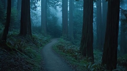 Fototapeta premium Foggy Forest Path Winding Through Tall Redwood Trees