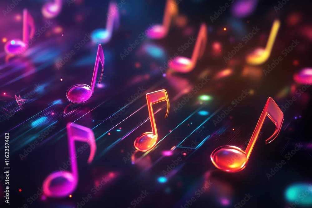 Aufkleber Colorful 3D music notes floating above a vibrant background with glowing light effects and soft bokeh elements. Generative AI