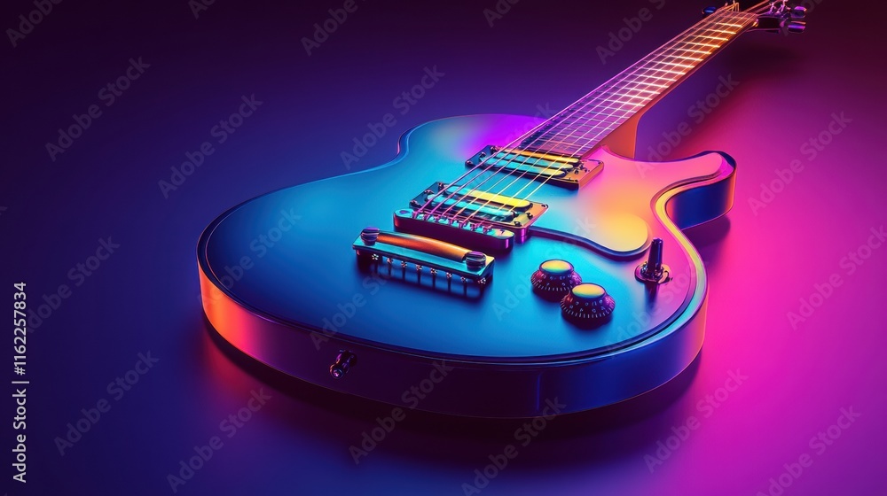 Poster 3D guitar illuminated with vibrant colors against a dark background creating an artistic display in a modern space. Generative AI