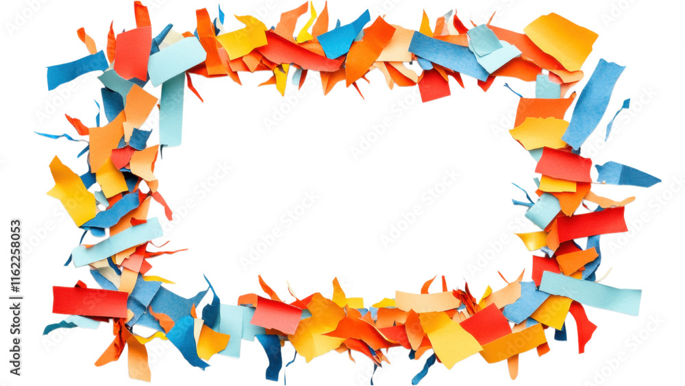 Poster colorful paper mosaic frame, vibrant large paper scraps create a striking square pattern against a c