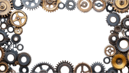 Industrial Gear Frame on White, square arrangement of large gears creating a striking visual contrast against a clean background