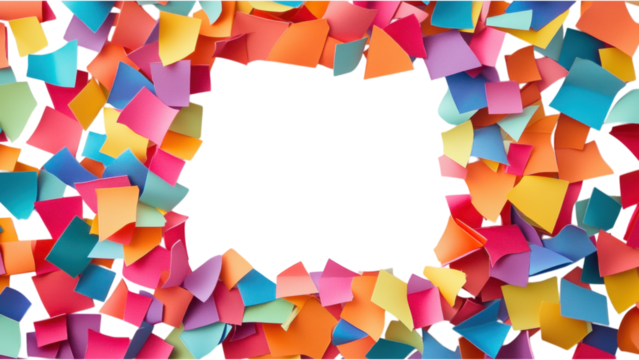 Colorful Paper Mosaic Frame, vibrant large paper scraps artfully arranged in a square pattern on a clean white background, playful and creative design