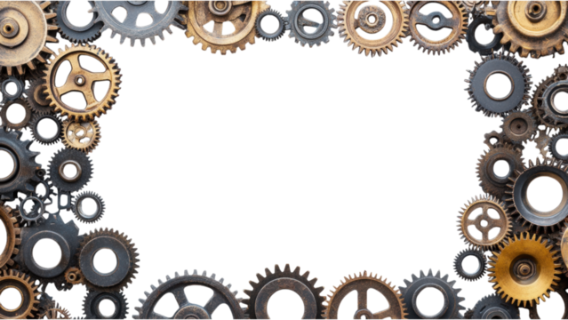 Industrial Gear Frame on White, square arrangement of large gears creating a striking visual contrast against a clean background