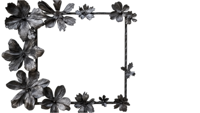 Metal embellishments in a square frame design, intricate details on a clean white background, modern decorative art piece