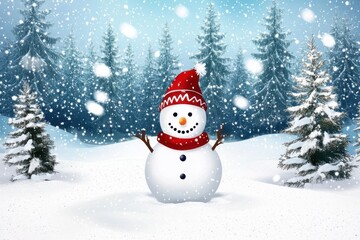 Obraz premium A cheerful snowman wearing a red hat and scarf stands in a snowy landscape surrounded by evergreen trees.