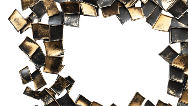 Metallic Mosaic Frame, individual metallic paper scraps create a vibrant square pattern, set against a clean white background, artistic and modern.