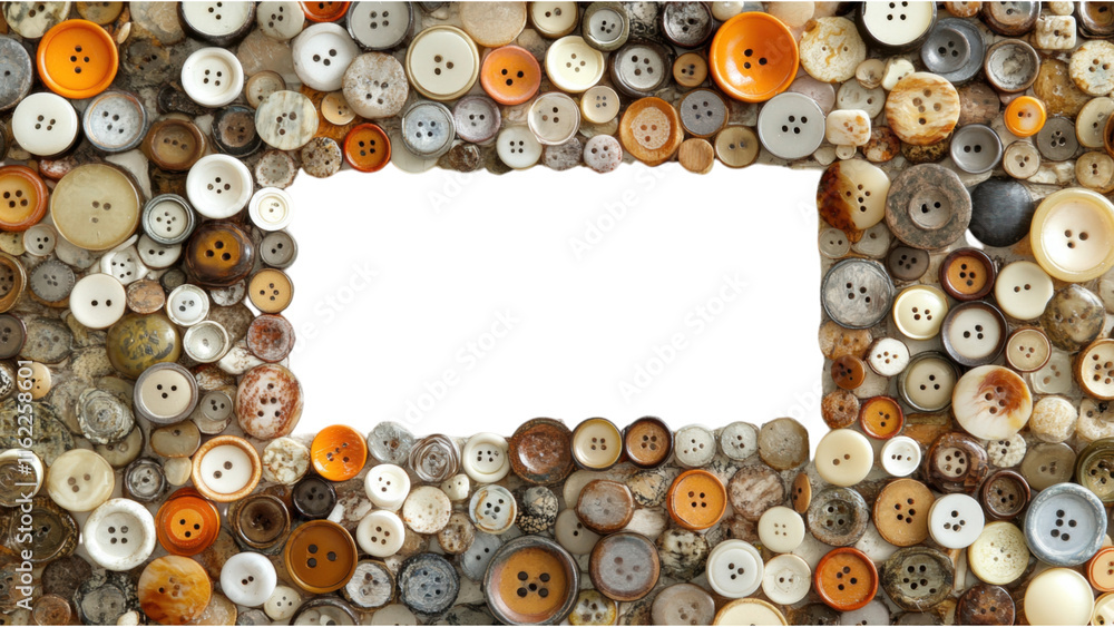 Poster button mosaic frame, a creative arrangement of assorted buttons in a square pattern, set against a c