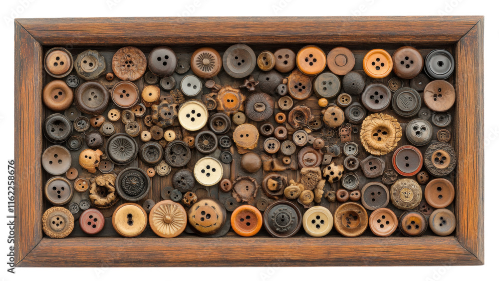 Poster button mosaic frame, a creative arrangement of varied buttons in a square design, set against a cris