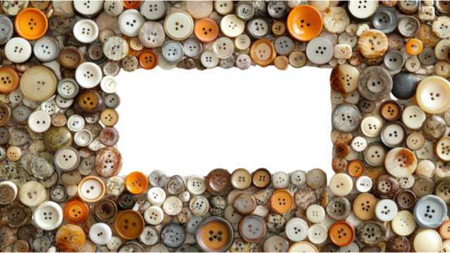 Button Mosaic Frame, a creative arrangement of assorted buttons in a square pattern, set against a clean white background for vibrant contrast