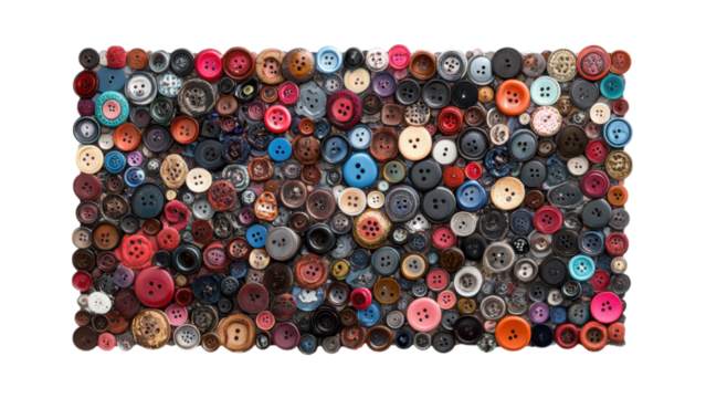 Button Mosaic Frame, a creative arrangement of assorted buttons in a square pattern, set against a clean white background for a playful touch
