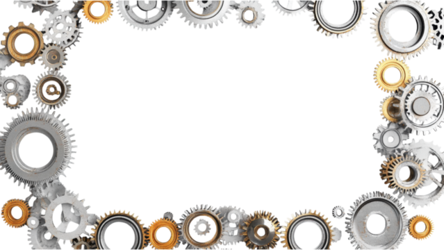 Gear Arrangement Frame, square design, mixed-sized gears, intricate pattern, white background, industrial elegance, unique decor element