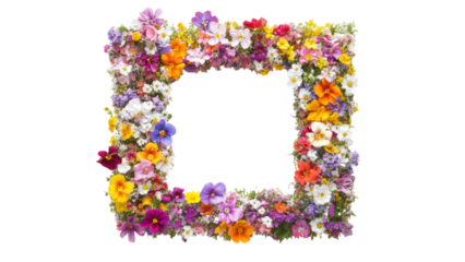 Colorful Floral Mosaic Frame, vibrant clusters of flowers in a square arrangement on a bright white background, ideal for decorative displays
