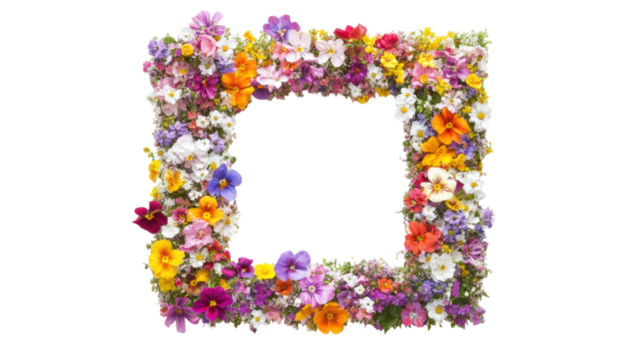 Colorful Floral Mosaic Frame, vibrant clusters of flowers in a square arrangement on a bright white background, ideal for decorative displays