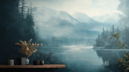 Fototapeta premium A painting of a mountain range with a lake in the foreground