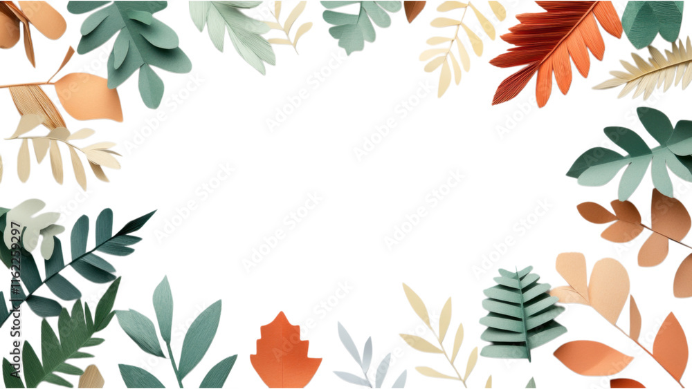 Poster paper leaf cluster arrangement in square frame on white backdrop, showcasing intricate design and na