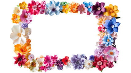 Paper flower clusters artfully arranged in a square frame, vibrant colors contrast against a clean white background, perfect for decor.