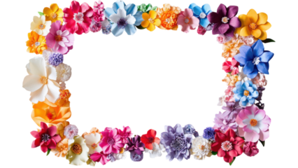 Paper flower clusters artfully arranged in a square frame, vibrant colors contrast against a clean white background, perfect for decor.