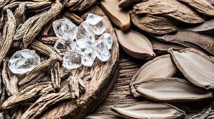 collection of raw natural gums and resins displayed on a wooden surface, with clear crystals of gum resin and smooth hardened sap pieces, isolated on a simple white background. 