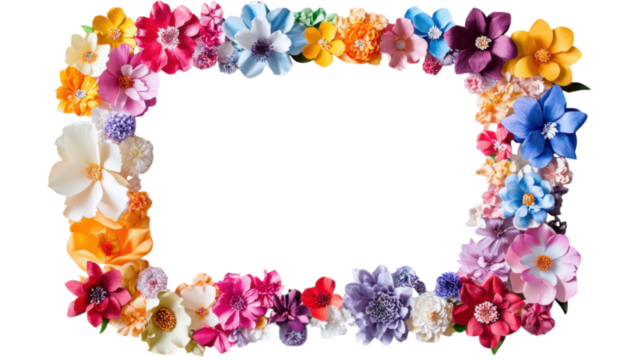 Paper flower clusters artfully arranged in a square frame, vibrant colors contrast against a clean white background, perfect for decor.