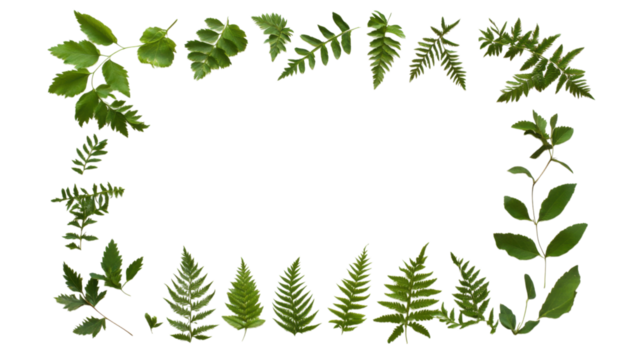 Pressed Fern Leaves Square Frame on White Background, delicate arrangement showcasing nature's beauty in a minimalist design, perfect for home decor