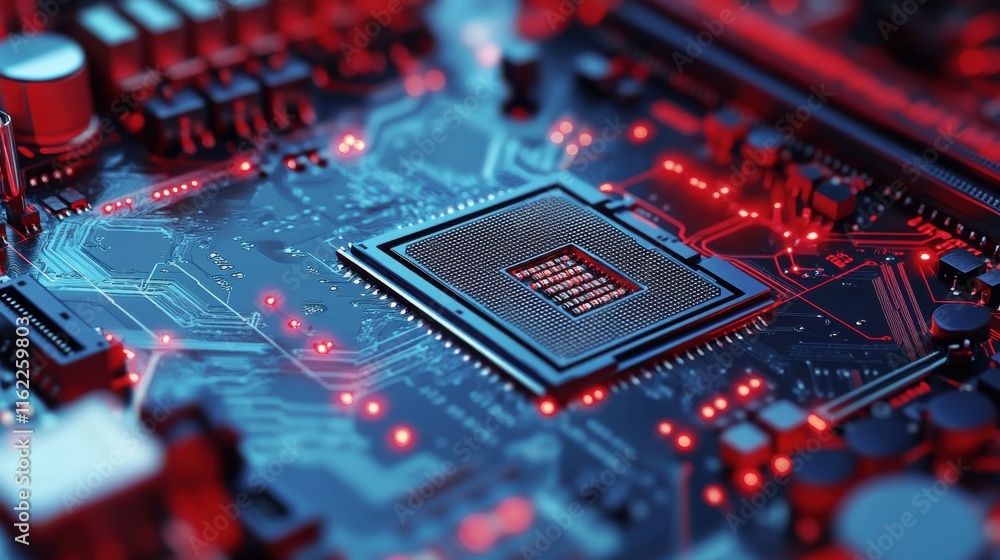 Poster close-up of a glowing microchip on a futuristic circuit board with blue and red lights.