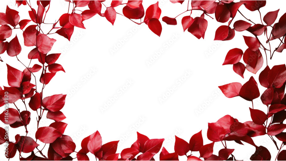Poster red leaf clusters in square frame, vibrant red leaves meticulously arranged on a clean white backdro