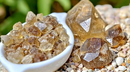 cluster of dried resin crystals placed neatly on a white porcelain dish, with a few larger chunks of vegetable sap scattered beside it, showcasing the beauty of the natural materials. 