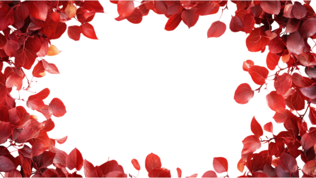 Red Leaf Cluster Frame, vibrant red leaf clusters meticulously arranged in a square pattern against a crisp white background, ideal for decor.