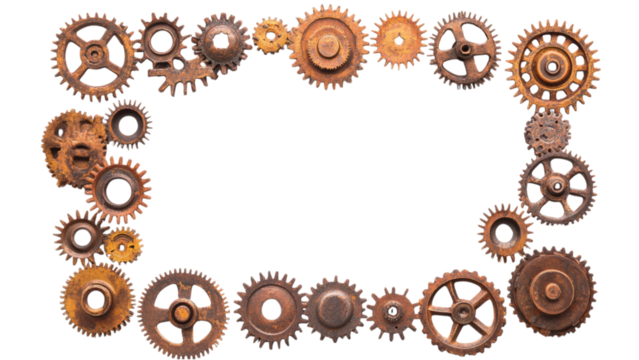 Rusty Gear Frame, a square arrangement of aged gears on a white backdrop, showcasing industrial charm and vintage appeal.