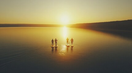 Three Silhouettes Paddleboarding at Sunset on Calm Water