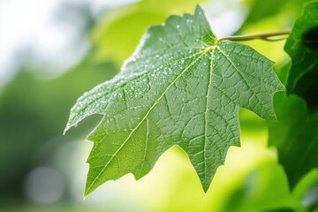 Close-up of a green maple leaf with water droplets reflecting light, showcasing nature's beauty.