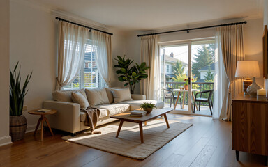 Modern living room interior design with balcony access and natural light