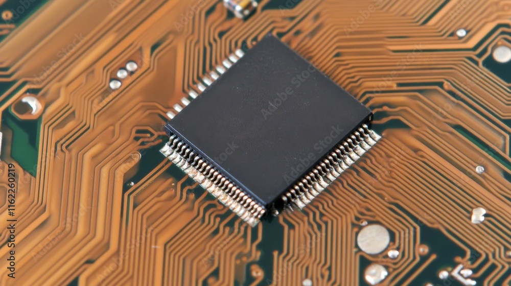 Poster close-up of a black microchip on a circuit board, showcasing intricate details and connections.