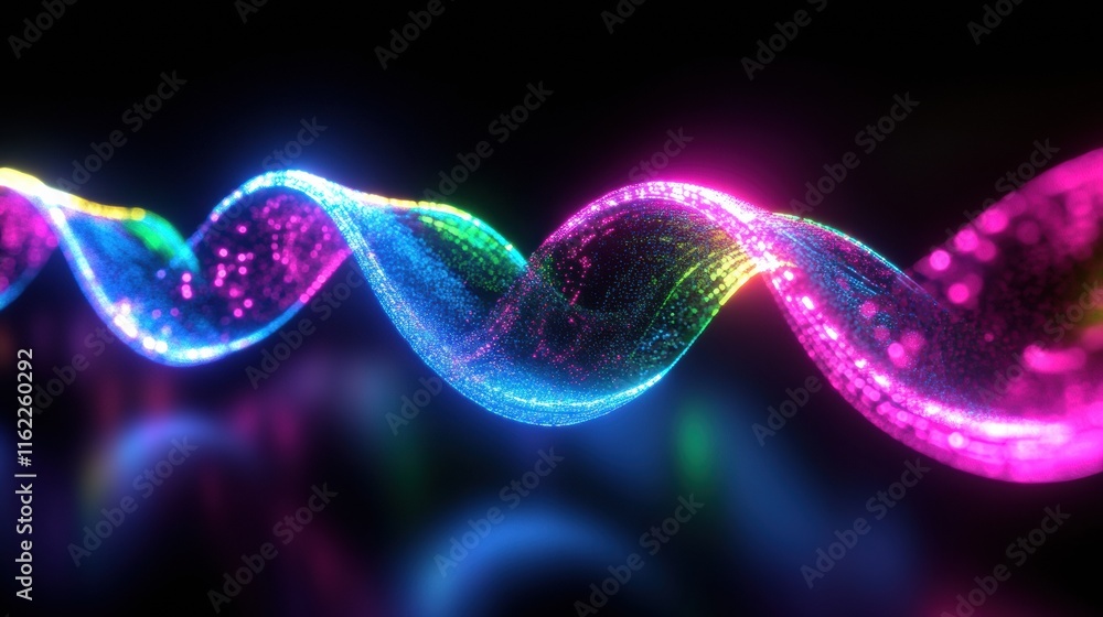 Poster vivid 3d pulsating light waves create a mesmerizing neon glow in a dark environment. generative ai