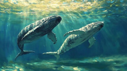 Fototapeta premium Gentle Whales Swimming in Vibrant Coastal Waters