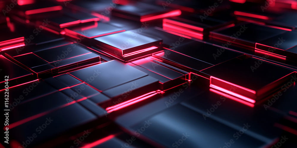 Poster abstract red and black geometric blocks with neon lighting. gamer background