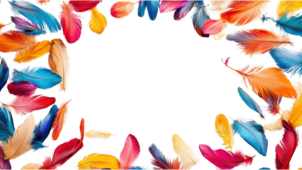 Colorful Feather Frame, vibrant small feathers in a square arrangement, set against a clean white background, adds playful elegance to any space
