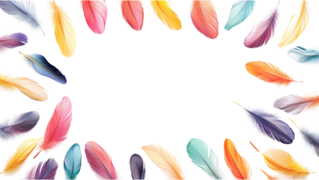 Colorful Feather Mosaic Frame, vibrant small feathers in a square pattern on a clean white backdrop, perfect for artistic display or decoration