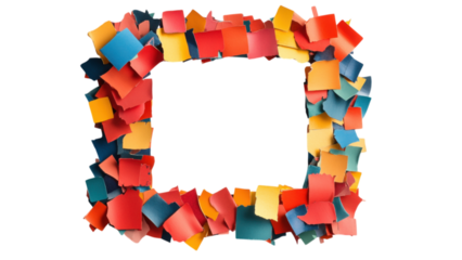 Colorful Paper Mosaic Frame, vibrant small scraps create a lively square pattern on a clean white background, perfect for artistic displays