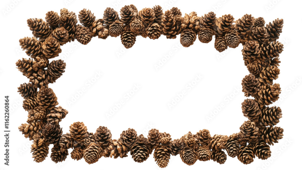 Poster pine cone square frame, unique arrangement of small pine cones creating a textured display, set agai