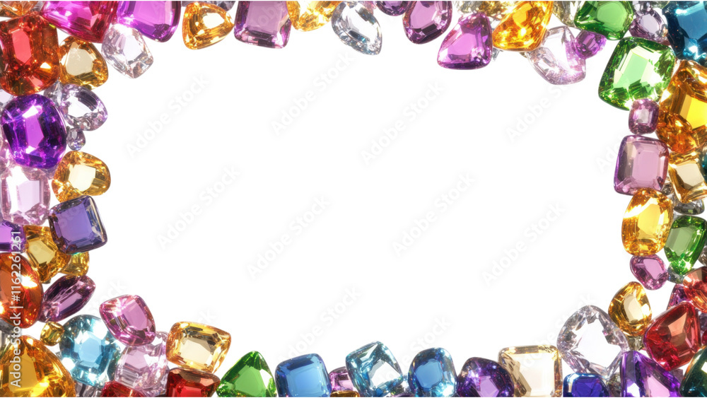 Poster translucent gem square frame, individual gems arranged meticulously, creating a vibrant display agai