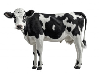 A cow with a black and white coat stands in front of a white background